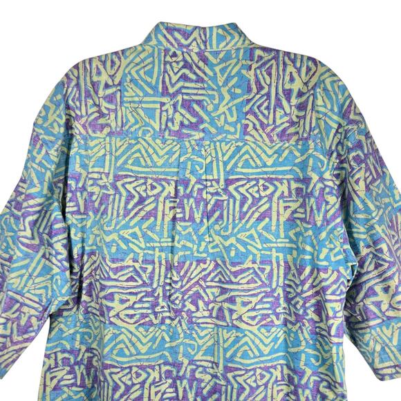 VINTAGE Bugle Boy Shirt Mens XL Blue Purple Abstract Geometric Button Front 90s - Picture 8 of 12